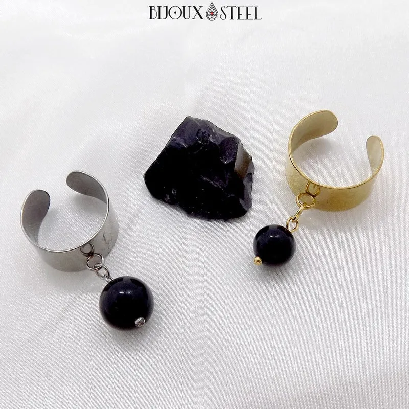 Bague large ajustable à perle d'obsidienne noire