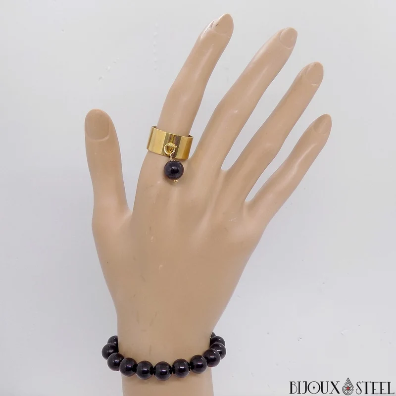 Bague large ajustable à perle d'obsidienne noire