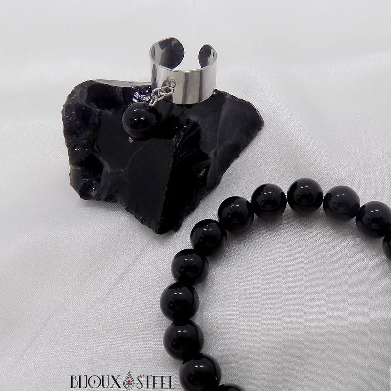 Bague large ajustable à perle d'obsidienne noire