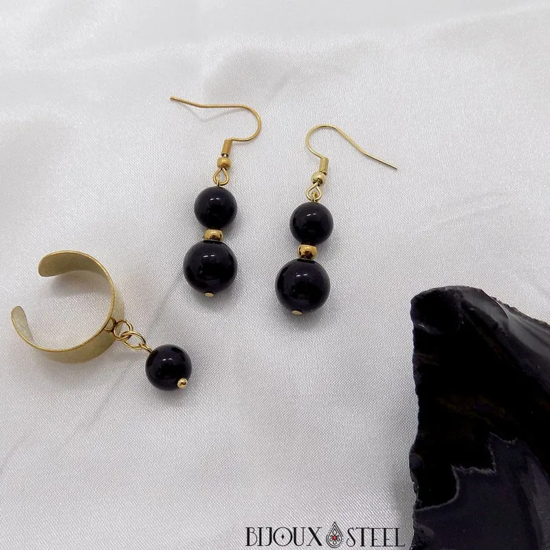 Bague large ajustable à perle d'obsidienne noire