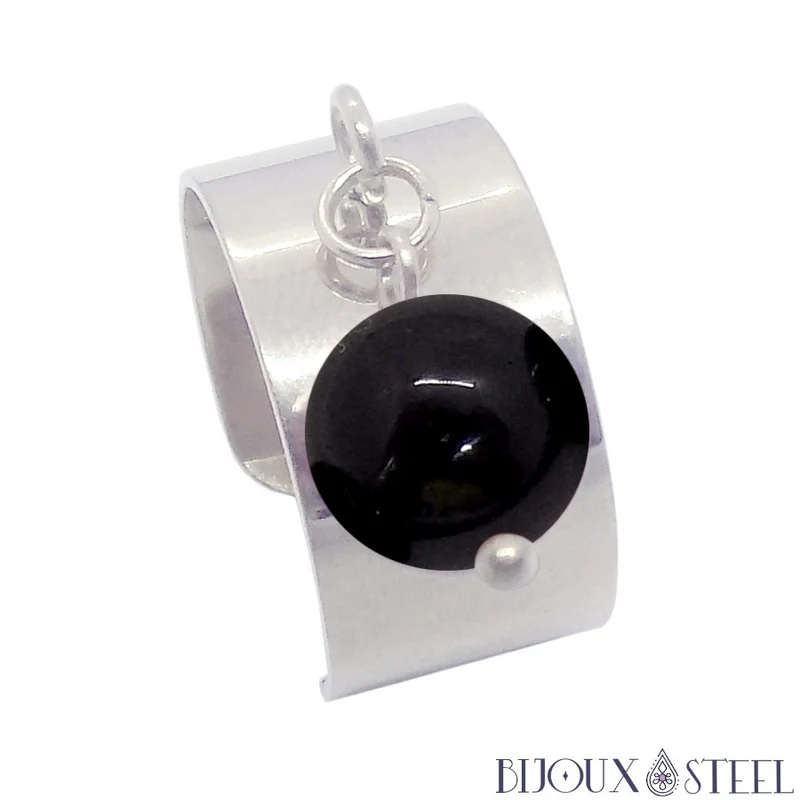 Bague large ajustable à perle d'obsidienne noire