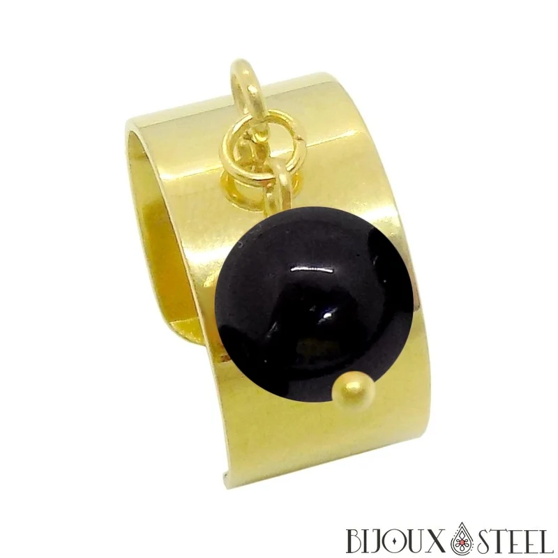 Bague large ajustable à perle d'obsidienne noire