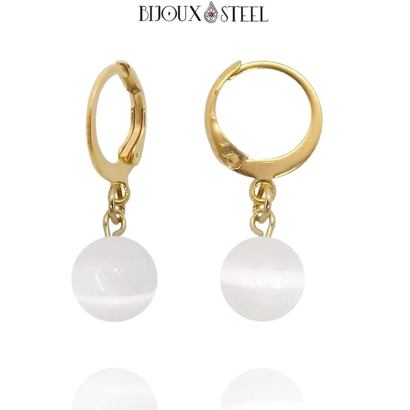 Boucles d'oreilles créoles à pendentifs perles de sélénite