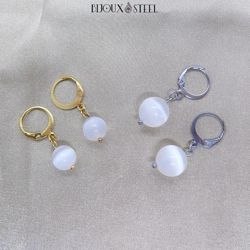 Boucles d'oreilles créoles à pendentifs perles de sélénite