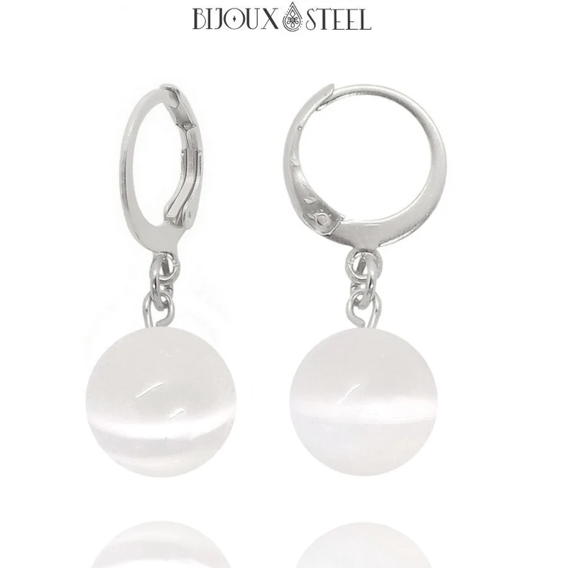 Boucles d'oreilles créoles à pendentifs perles de sélénite