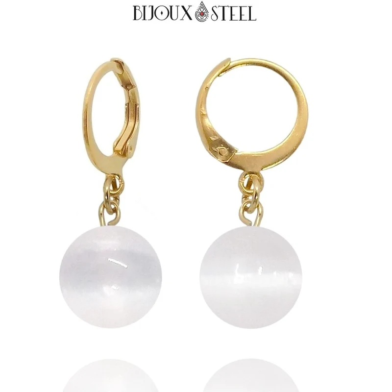 Boucles d'oreilles créoles à pendentifs perles de sélénite