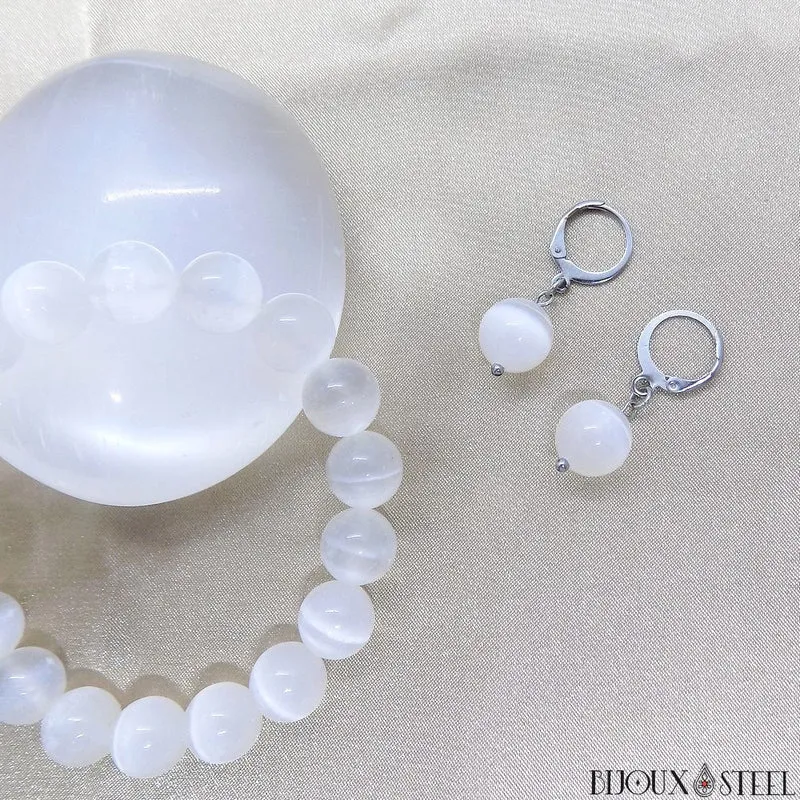 Boucles d'oreilles créoles à pendentifs perles de sélénite
