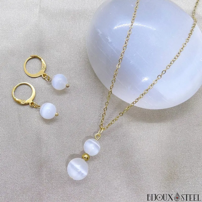 Boucles d'oreilles créoles à pendentifs perles de sélénite