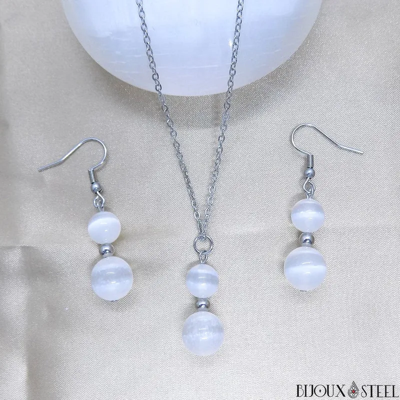 Parure sélénite en pierre naturelle et acier inoxydable