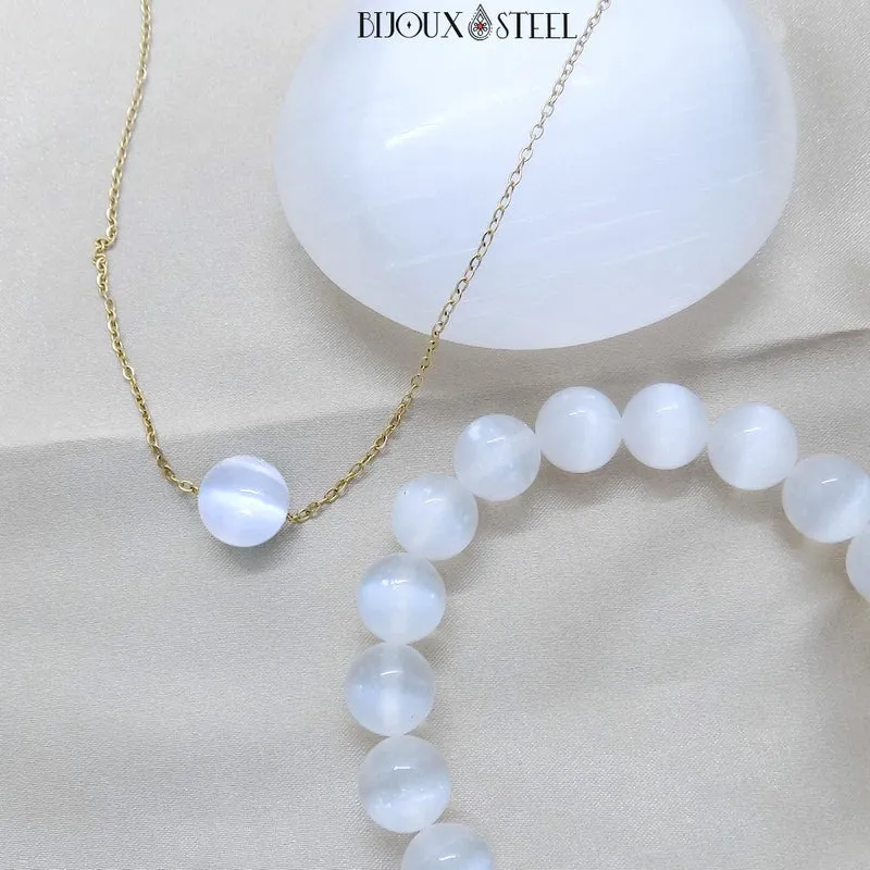 Collier à perle de sélénite en acier inoxydable