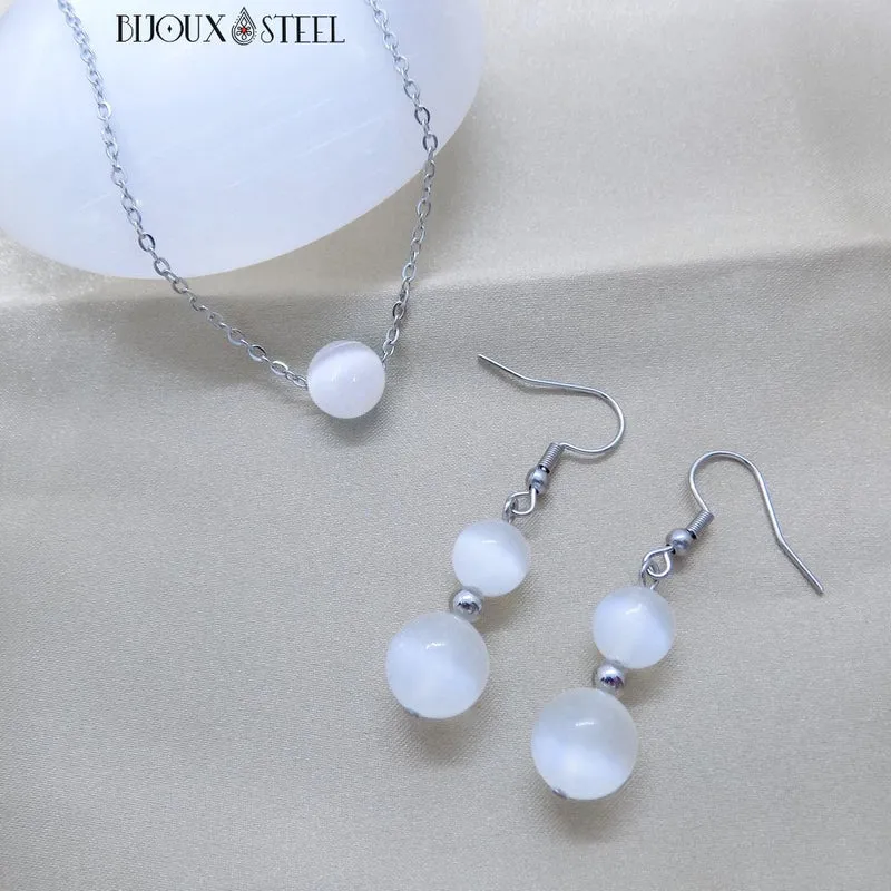 Collier à perle de sélénite en acier inoxydable