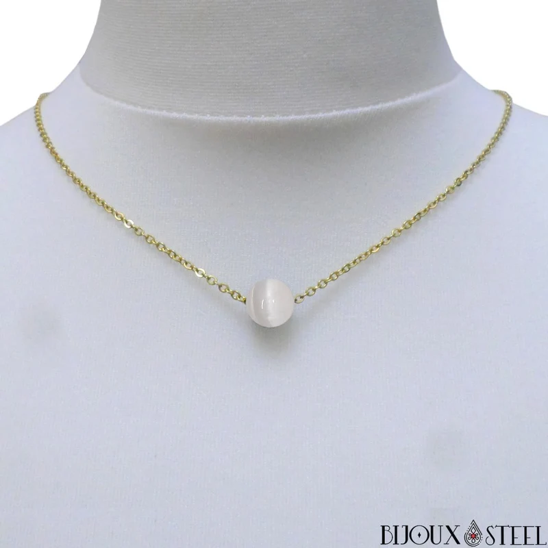 Collier à perle de sélénite en acier inoxydable
