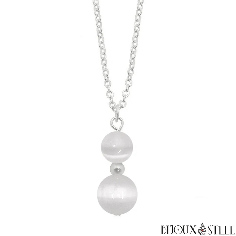 Collier à pendentif deux perles en pierre de sélénite