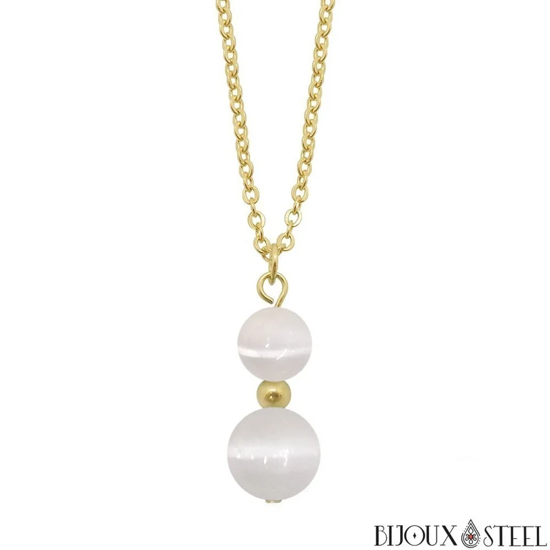 Collier à pendentif deux perles en pierre de sélénite