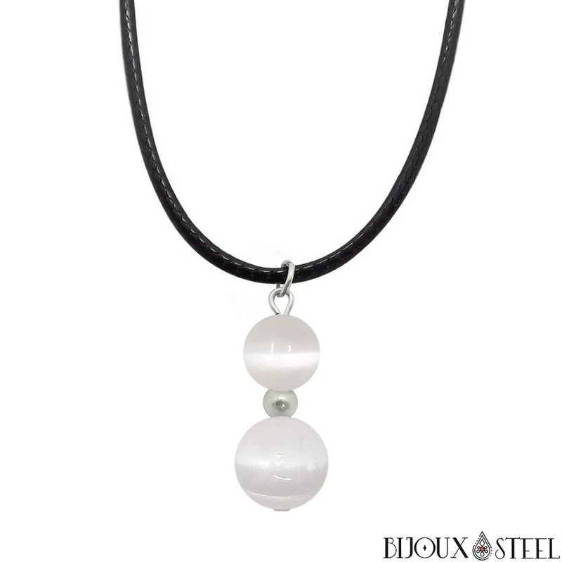 Collier à pendentif deux perles en pierre de sélénite