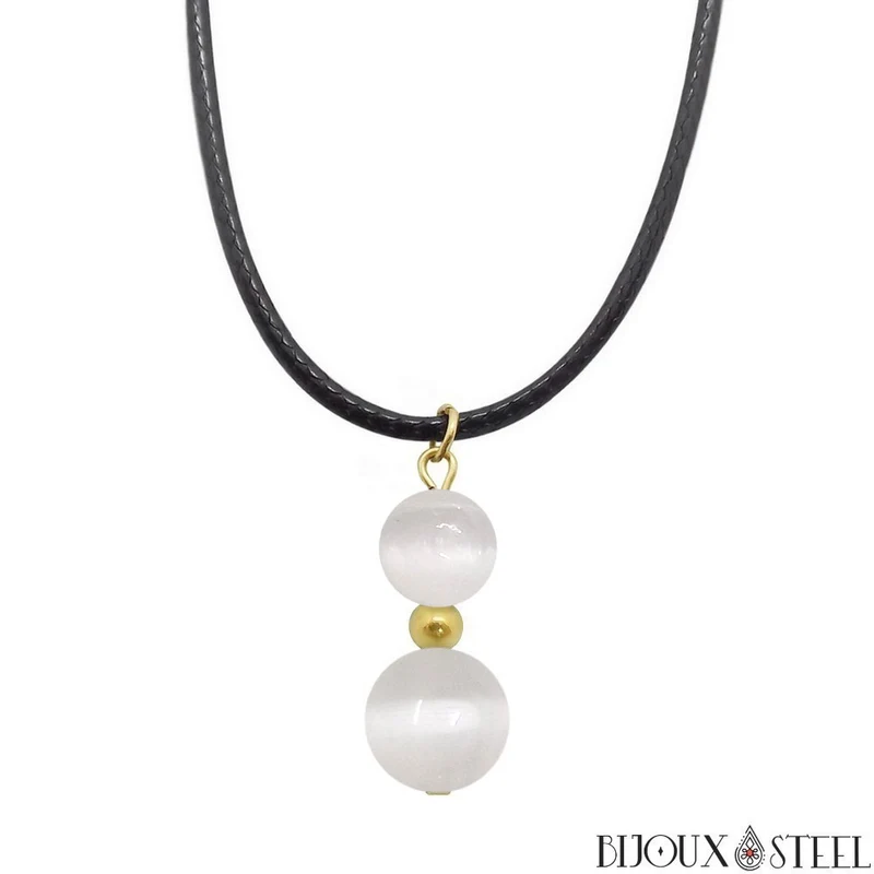 Collier à pendentif deux perles en pierre de sélénite