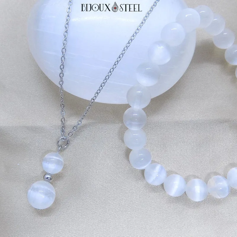Collier à pendentif deux perles en pierre de sélénite