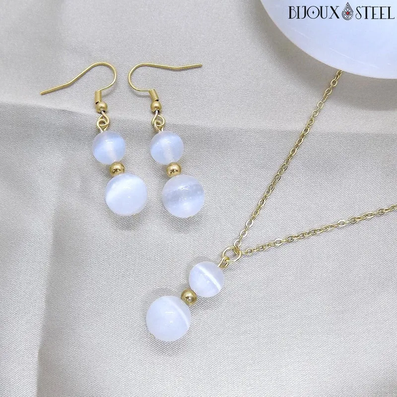 Collier à pendentif deux perles en pierre de sélénite