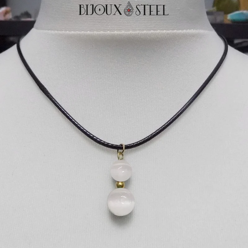 Collier à pendentif deux perles en pierre de sélénite