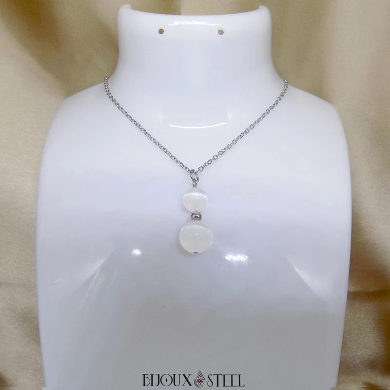 Collier à pendentif deux perles en pierre de sélénite