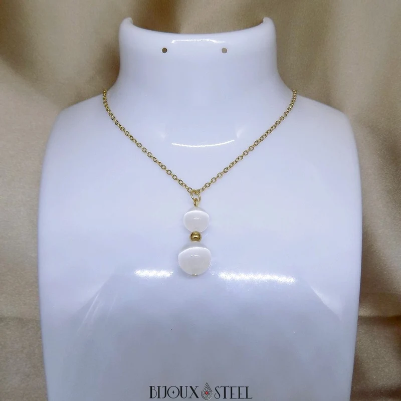 Collier à pendentif deux perles en pierre de sélénite