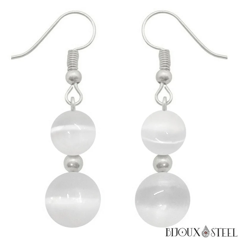 Boucles d'oreilles pendantes doubles perles de sélénite