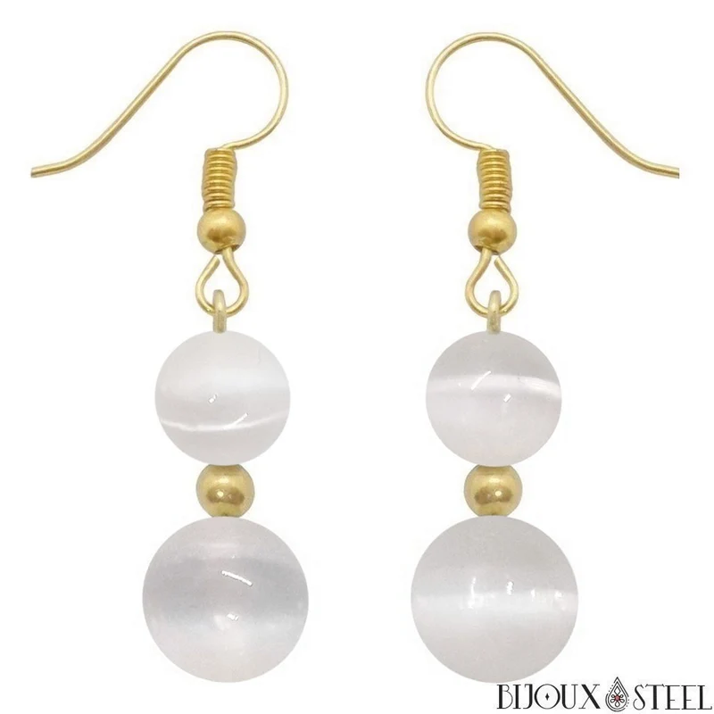 Boucles d'oreilles pendantes doubles perles de sélénite