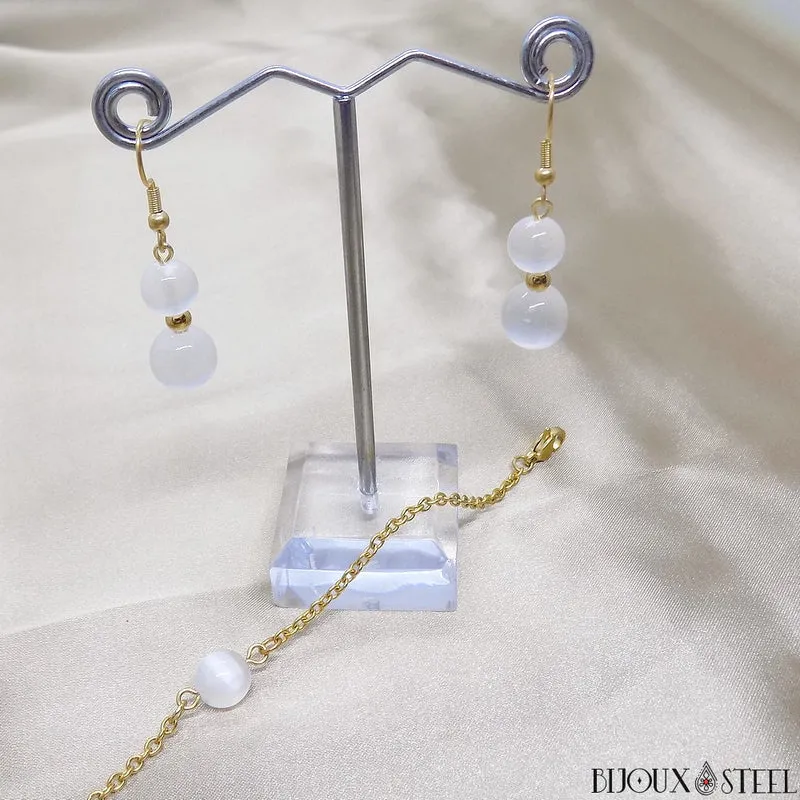Boucles d'oreilles pendantes doubles perles de sélénite