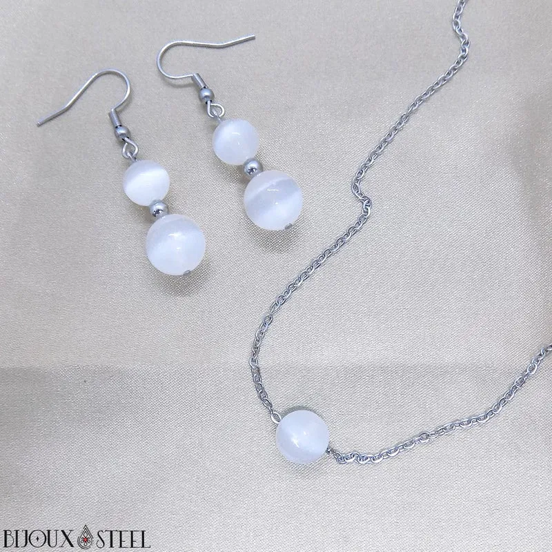 Boucles d'oreilles pendantes doubles perles de sélénite