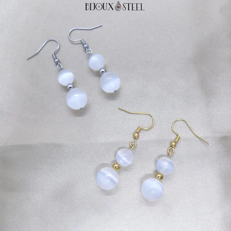Boucles d'oreilles pendantes doubles perles de sélénite