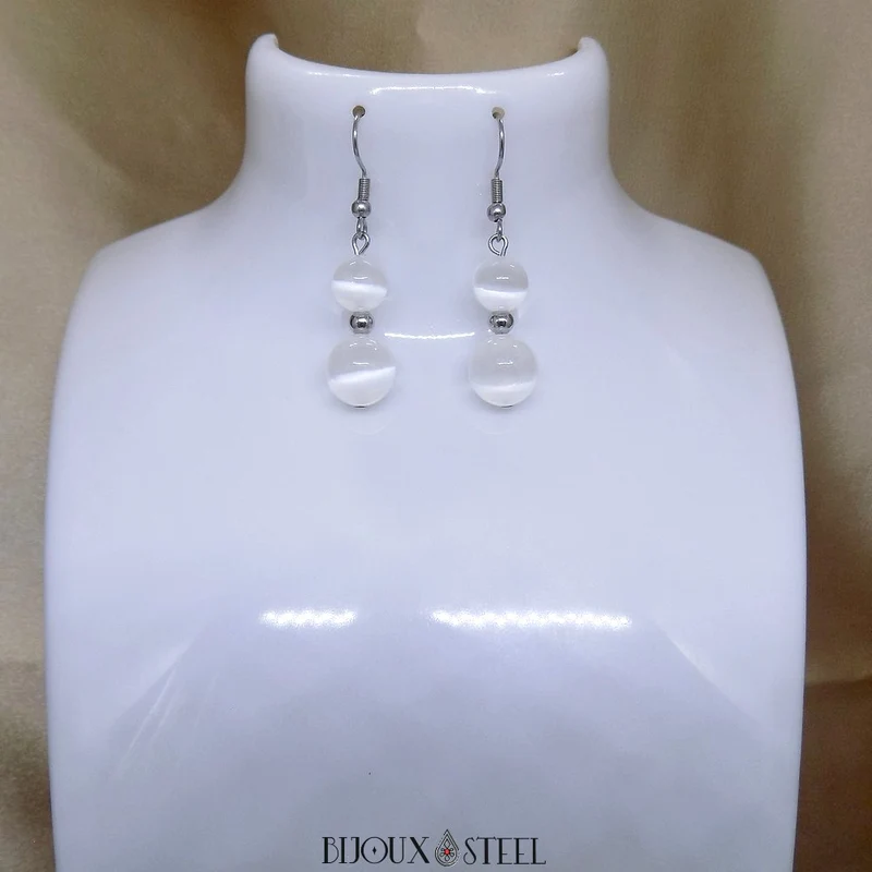 Boucles d'oreilles pendantes doubles perles de sélénite