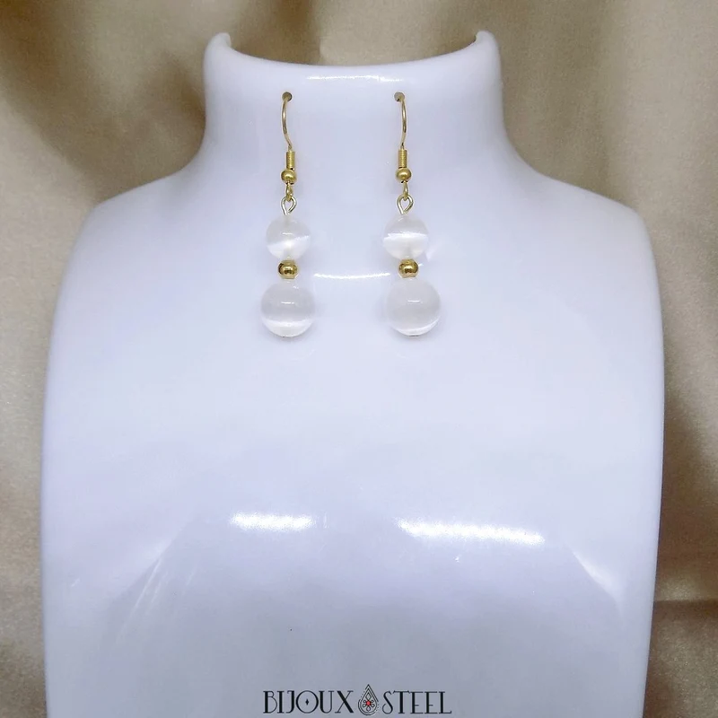 Boucles d'oreilles pendantes doubles perles de sélénite