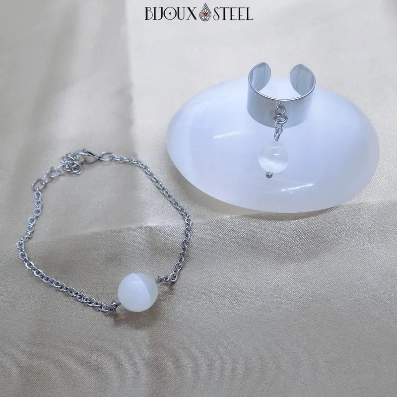 Bracelet à perle de sélénite en acier inoxydable