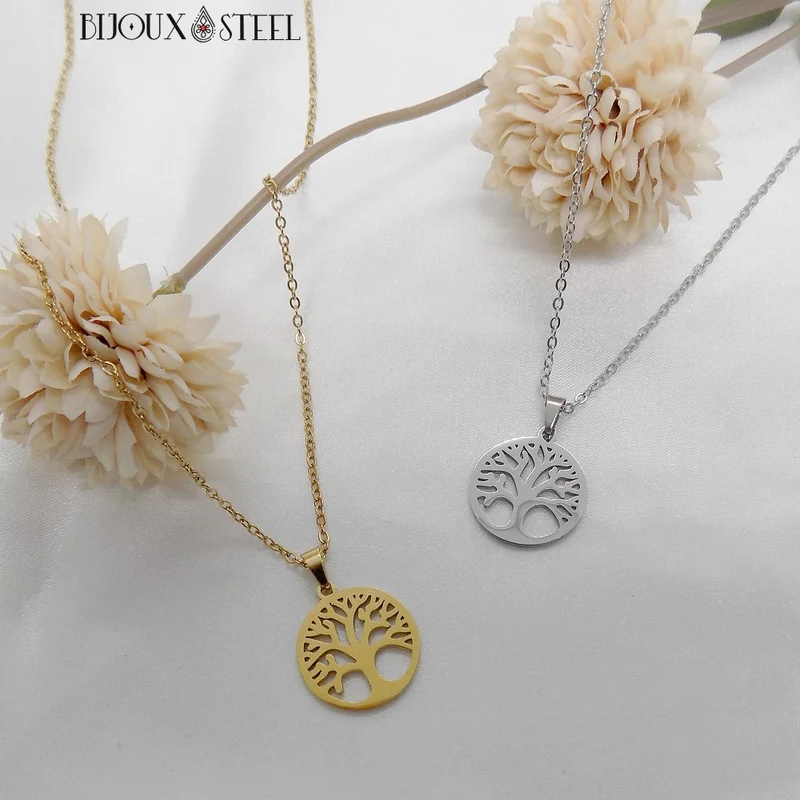 Collier à pendentif arbre de vie en acier inoxydable
