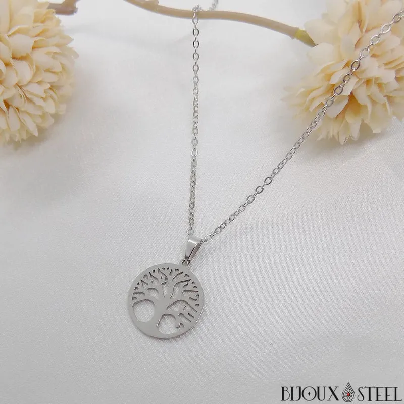 Collier à pendentif arbre de vie en acier inoxydable