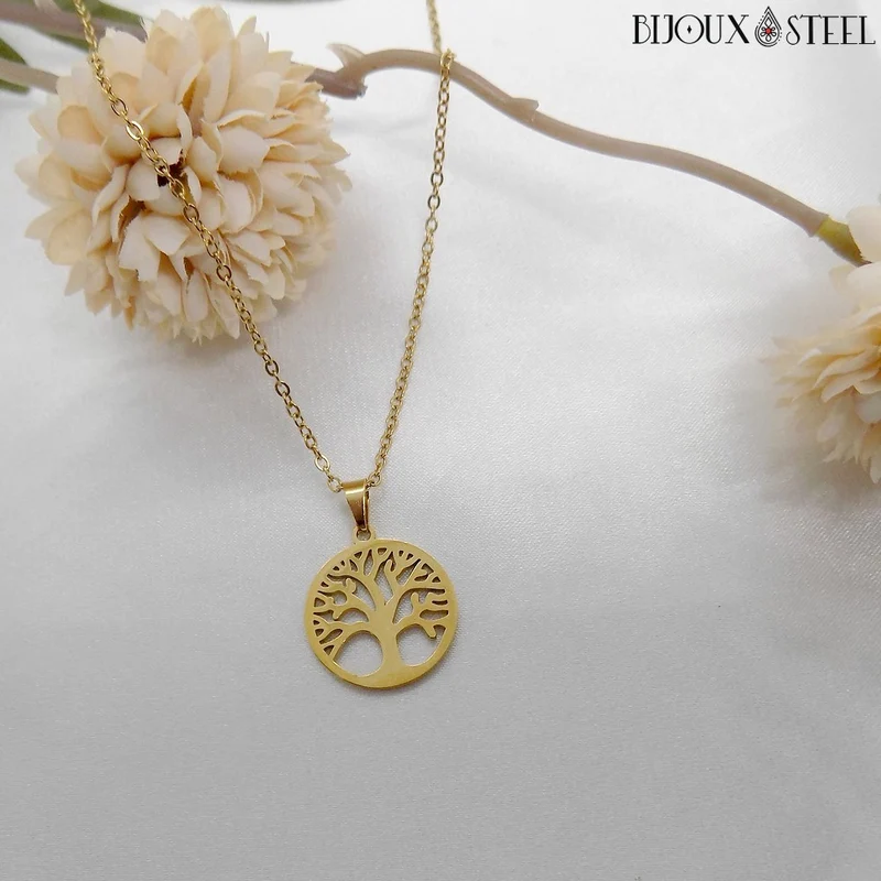 Collier à pendentif arbre de vie en acier inoxydable