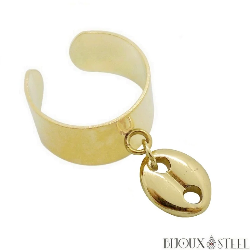 Bague large ajustable à pendentif grain de café en acier inoxydable