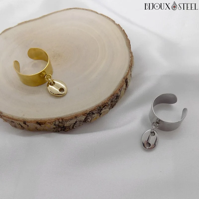 Bague large ajustable à pendentif grain de café en acier inoxydable
