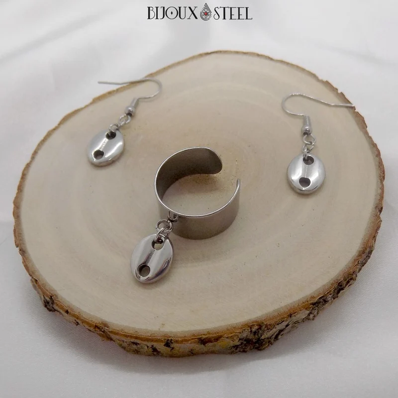 Bague large ajustable à pendentif grain de café en acier inoxydable