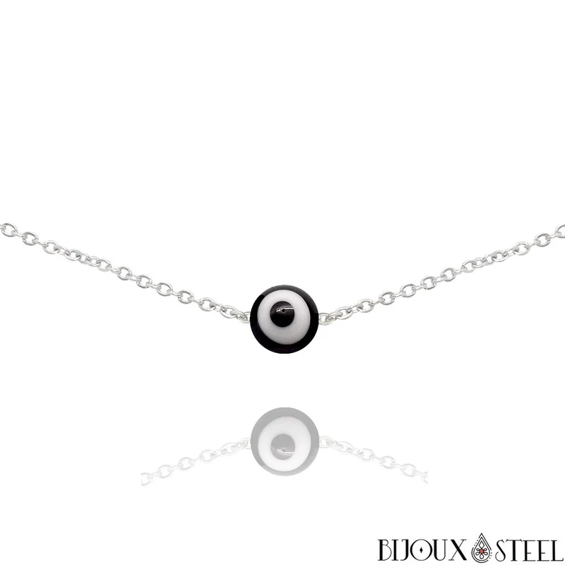 Collier à perle mauvais oeil noir et blanc en acier inoxydable