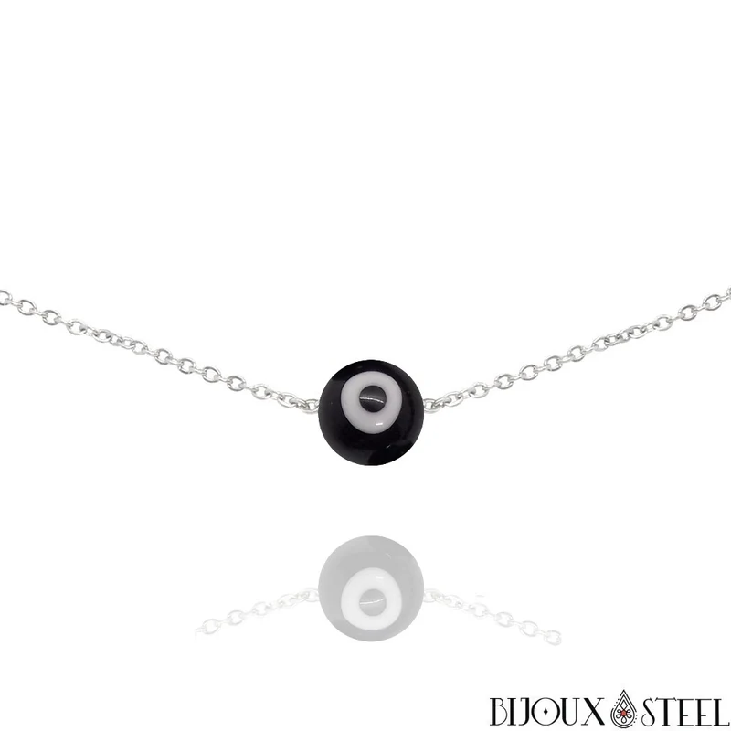 Collier à perle mauvais oeil noir et blanc en acier inoxydable