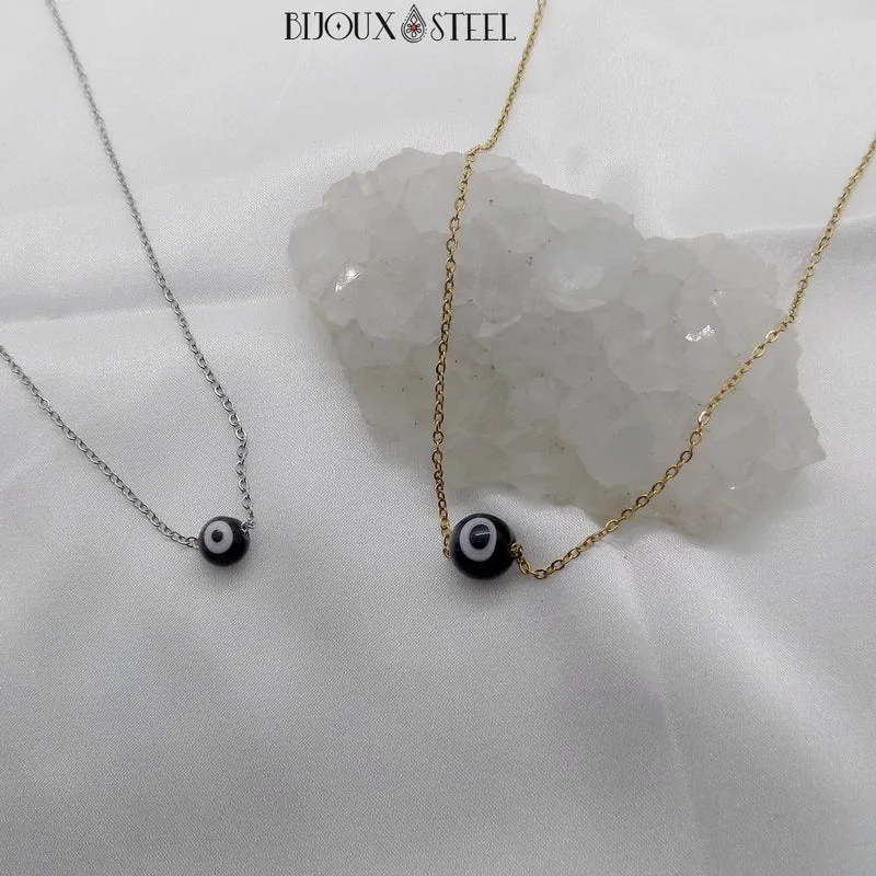 Collier à perle mauvais oeil noir et blanc en acier inoxydable