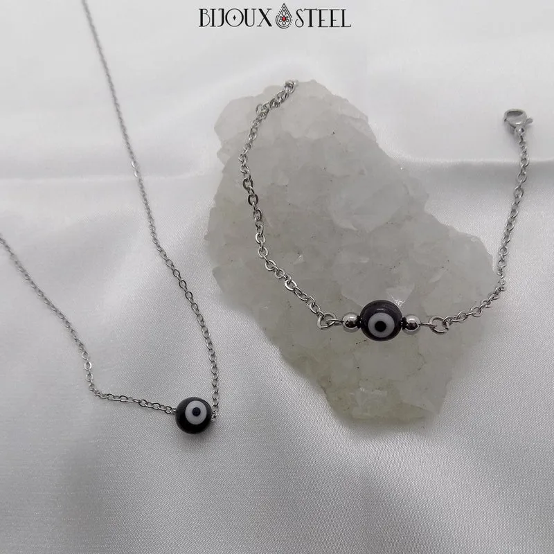 Collier à perle mauvais oeil noir et blanc en acier inoxydable