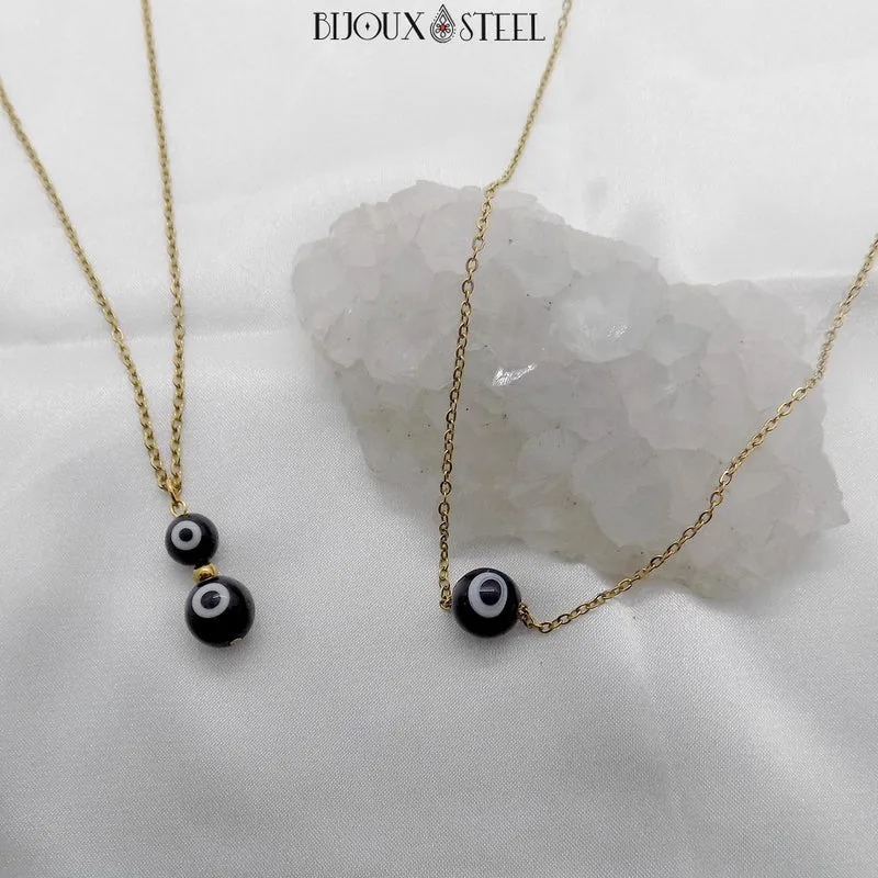 Collier à perle mauvais oeil noir et blanc en acier inoxydable