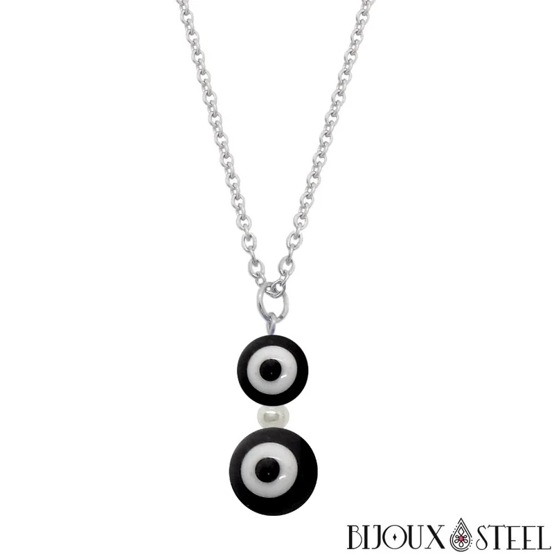 Collier à pendentif double perle mauvais oeil noir et blanc