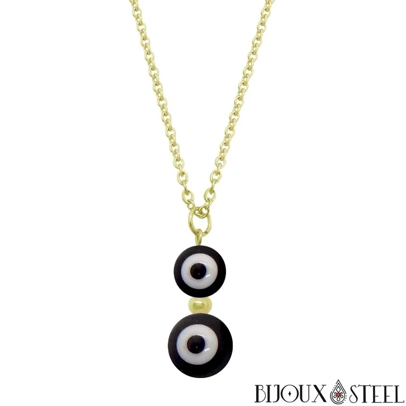 Collier à pendentif double perle mauvais oeil noir et blanc