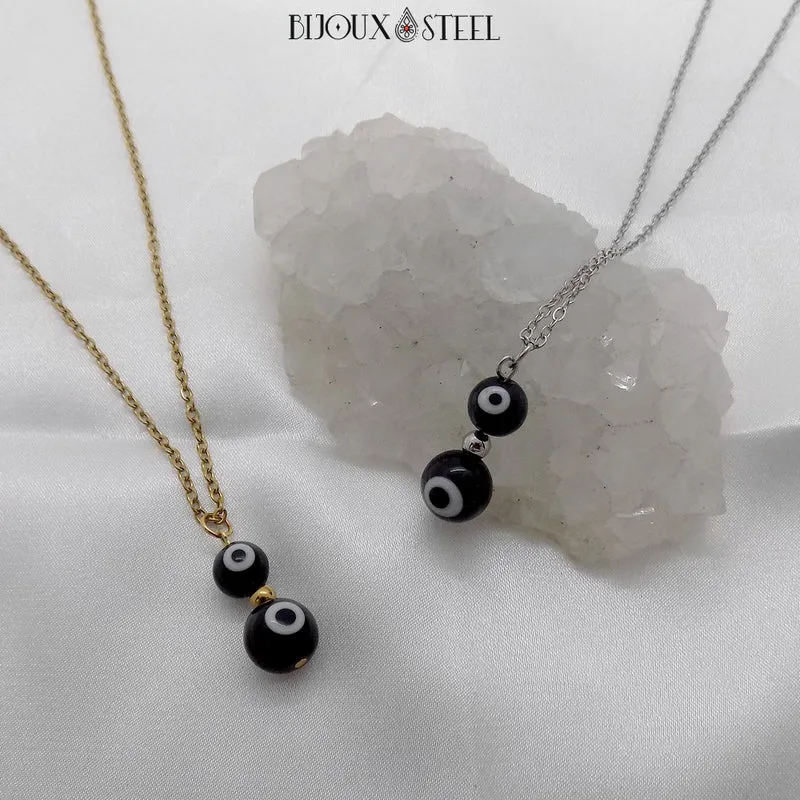Collier à pendentif double perle mauvais oeil noir et blanc