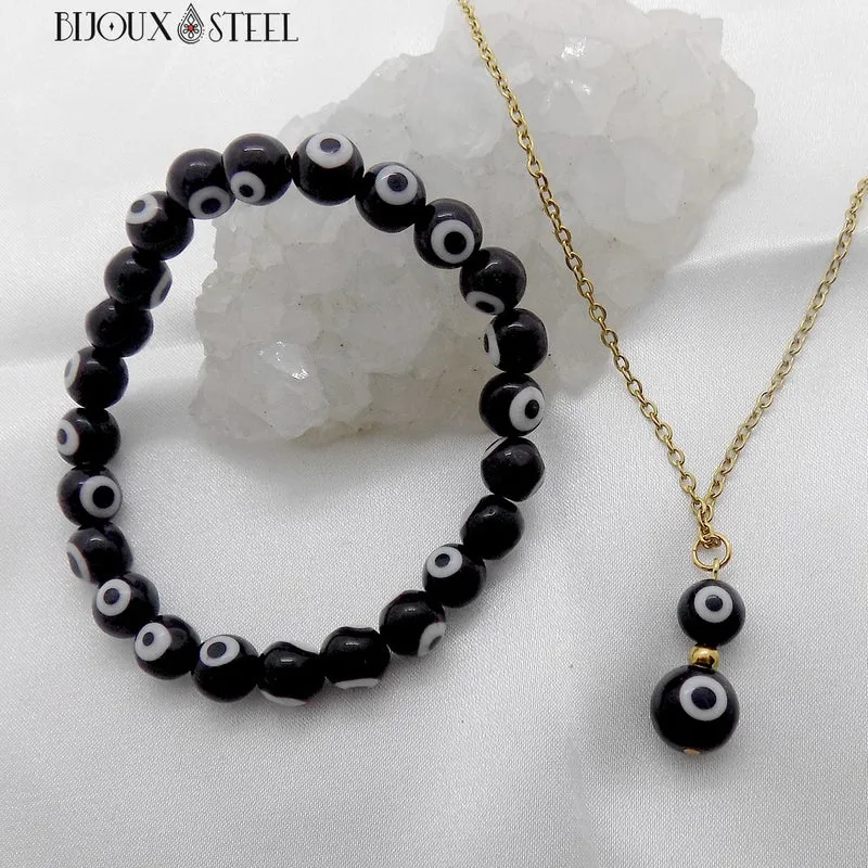 Collier à pendentif double perle mauvais oeil noir et blanc