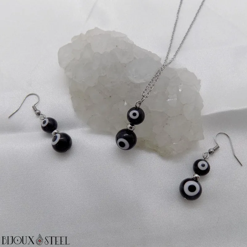 Collier à pendentif double perle mauvais oeil noir et blanc