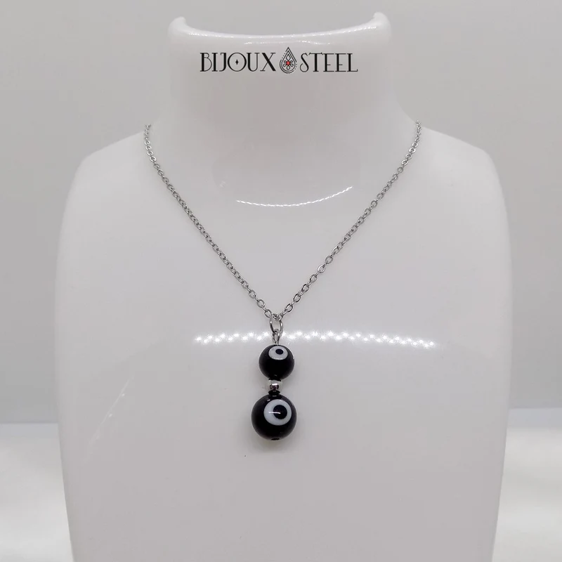 Collier à pendentif double perle mauvais oeil noir et blanc